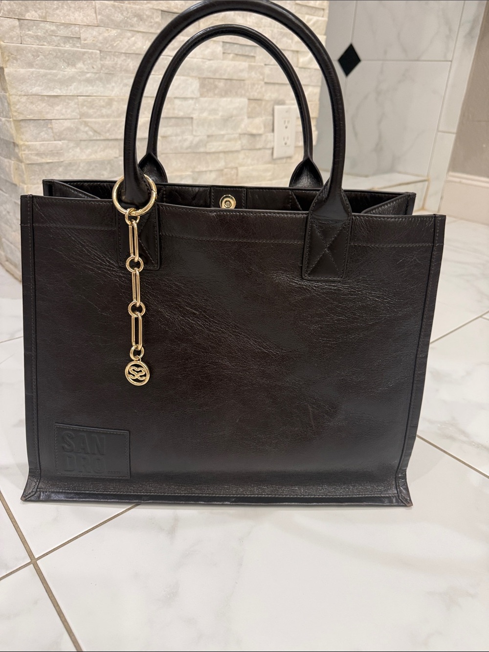 Sandro Black Leather Tote with Gold Chain Charm